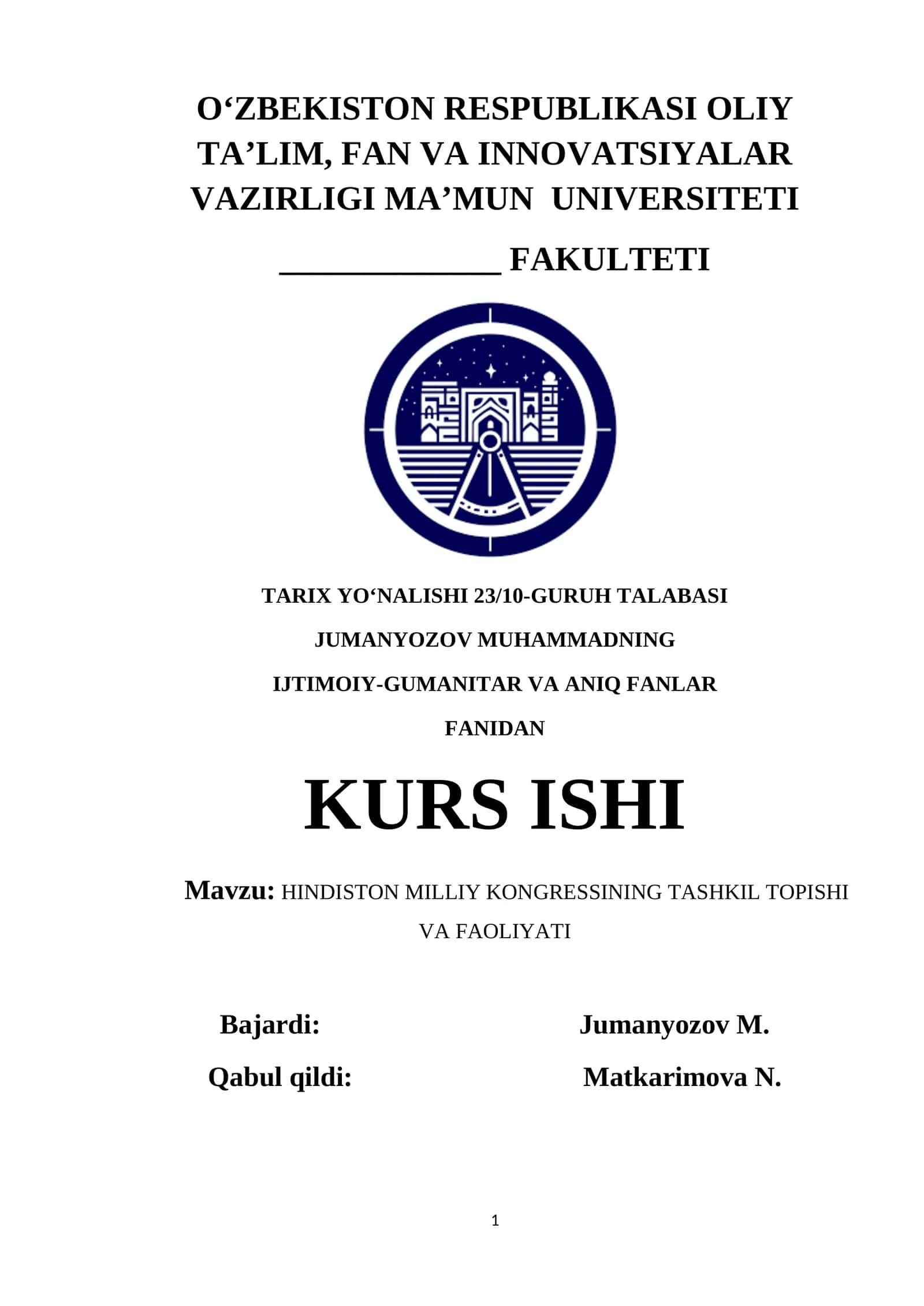 HINDISTON MILLIY KONGRESSINING TASHKIL TOPISHI VA FAOLIYATI