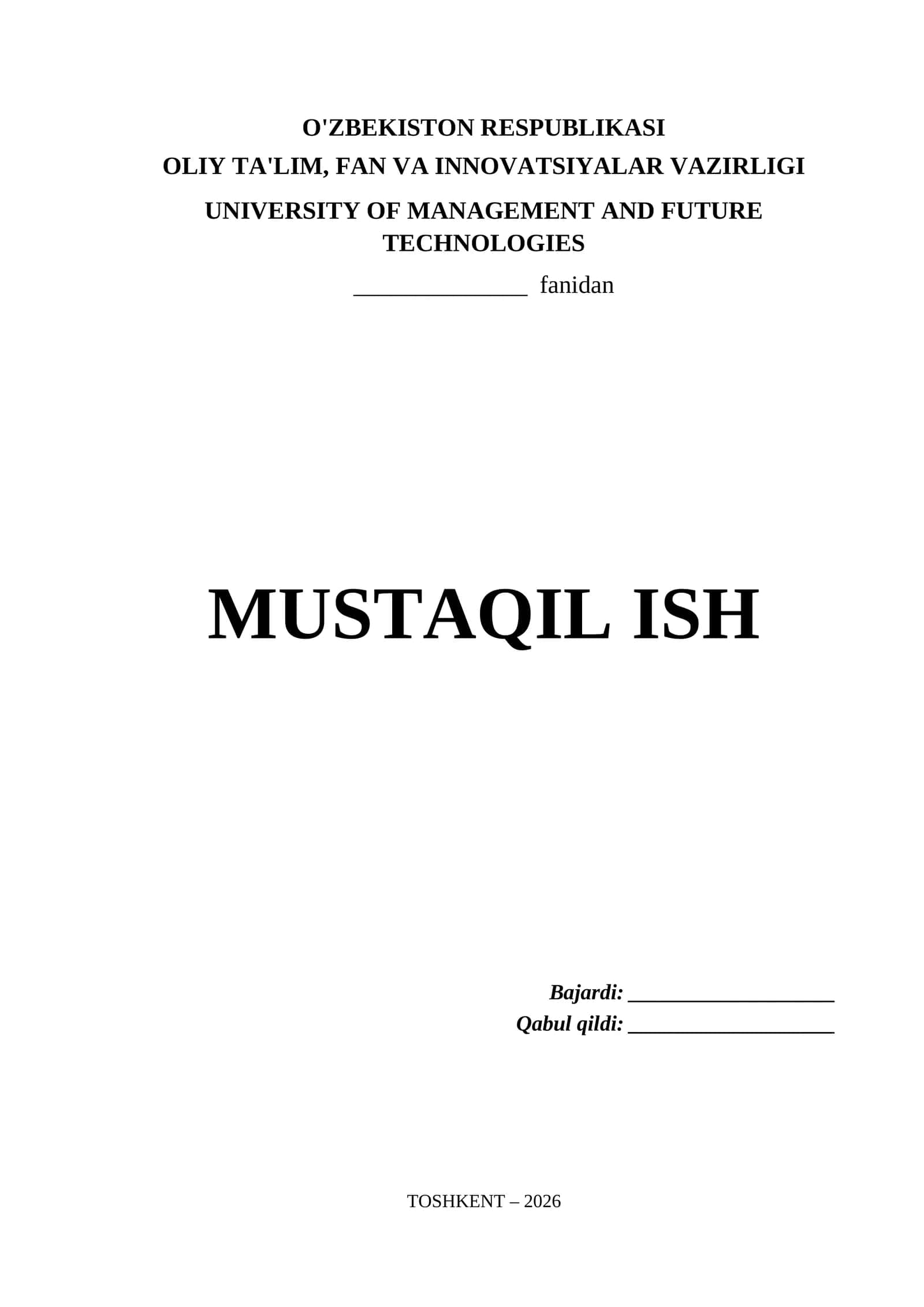 University of Management and Future Technologies Mustaqil Ish Titul Varaq (.docx)