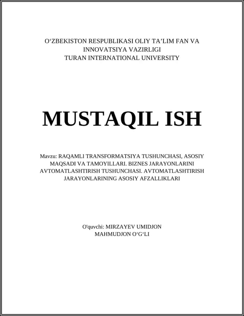 RAQAMLI TRANSFORMATSIYA TUSHUNCHASI, ASOSIY MAQSADI VA TAMOYILLARI
