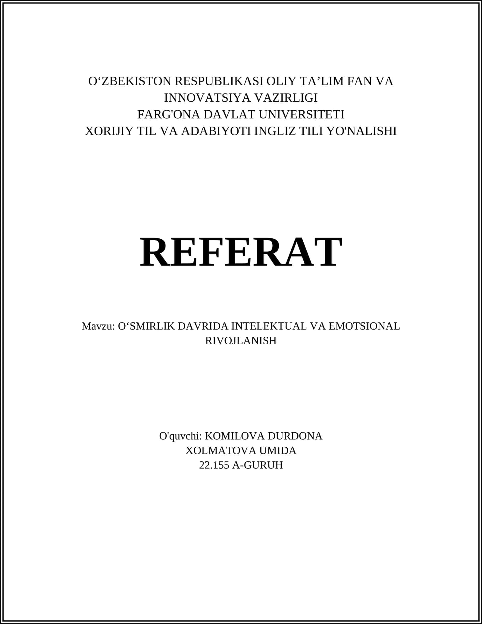 OʻSMIRLIK DAVRIDA INTELEKTUAL VA EMOTSIONAL RIVOJLANISH