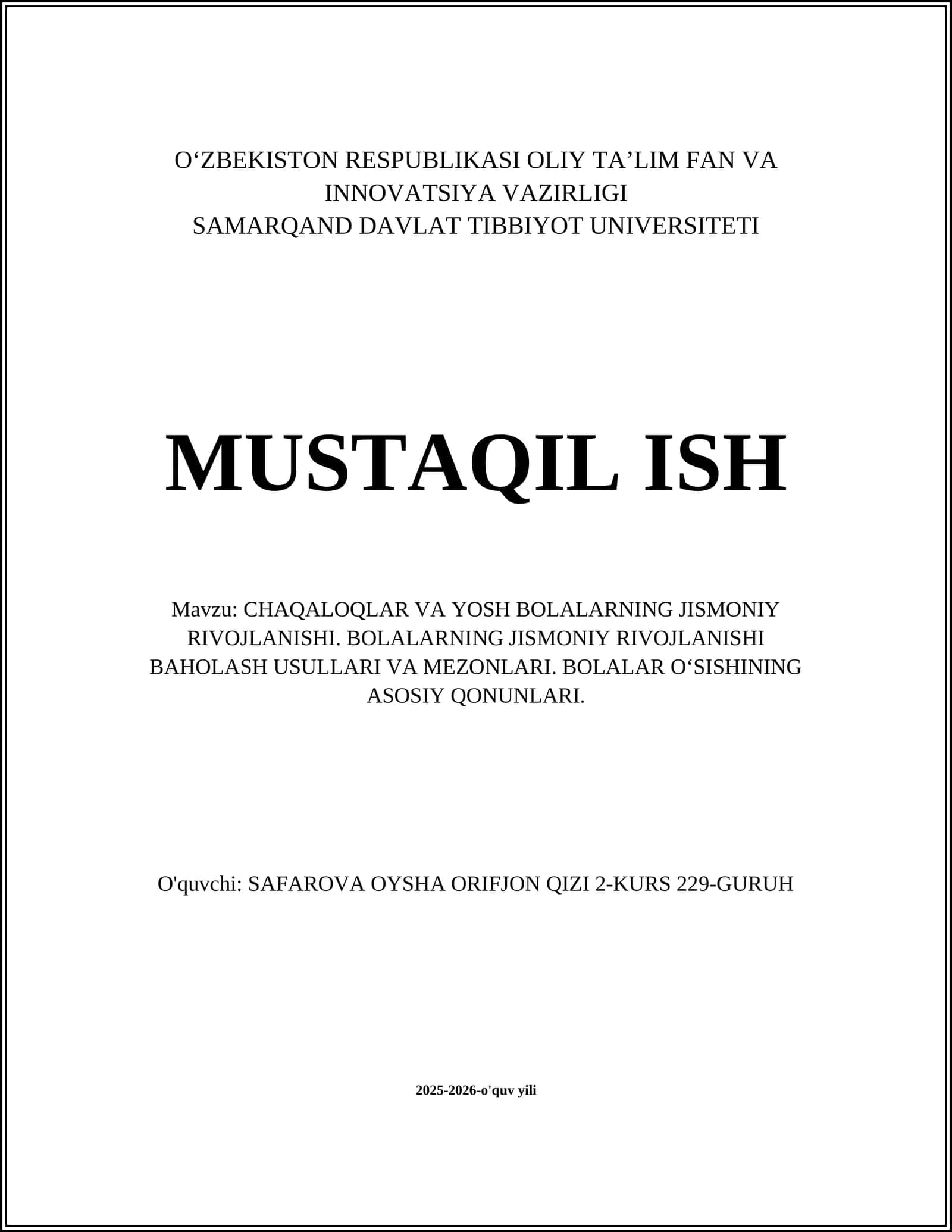 CHAQALOQLAR VA YOSH BOLALARNING JISMONIY RIVOJLANISHI