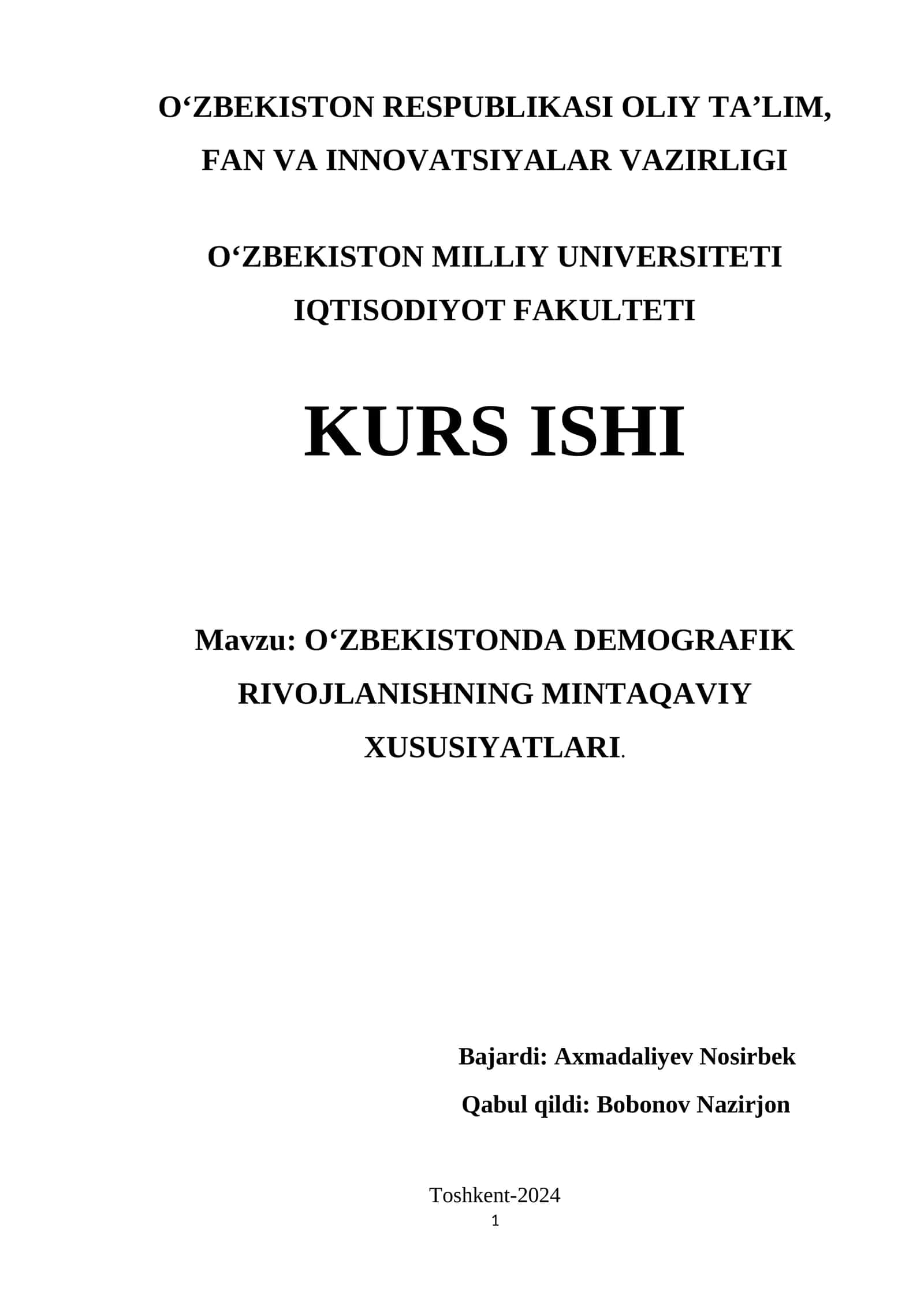 O‘ZBEKISTONDA DEMOGRAFIK RIVOJLANISHNING MINTAQAVIY XUSUSIYATLARI