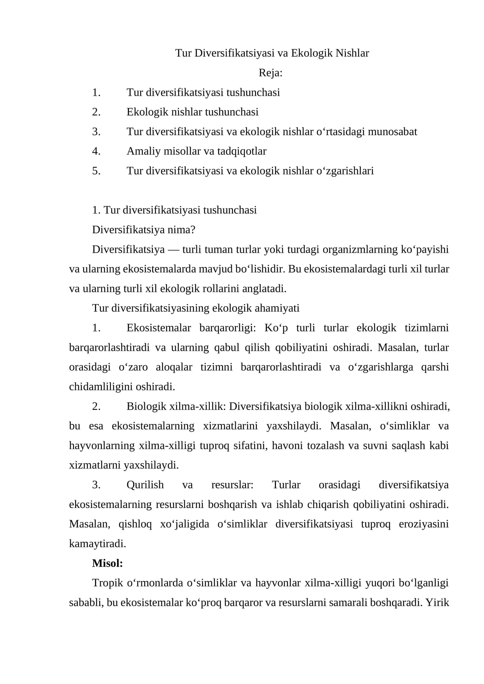 Tur Diversifikatsiyasi va Ekologik Nishlar