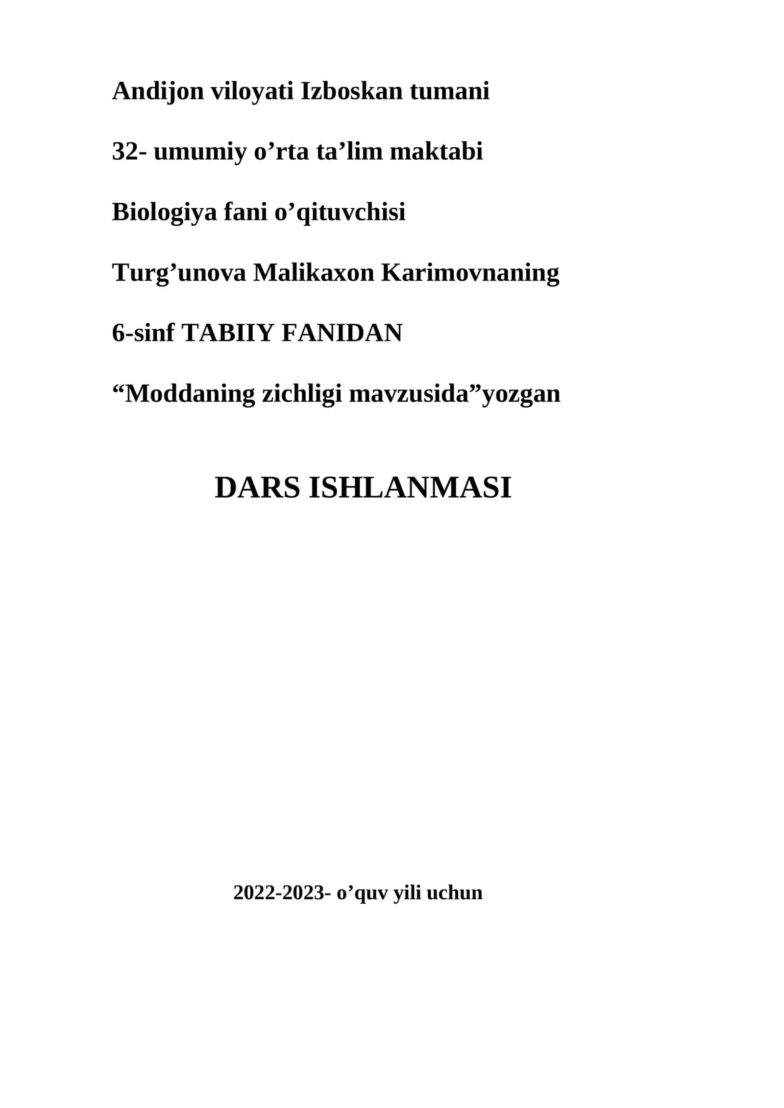 Biologiya fanidan Dars Ishlanmasi