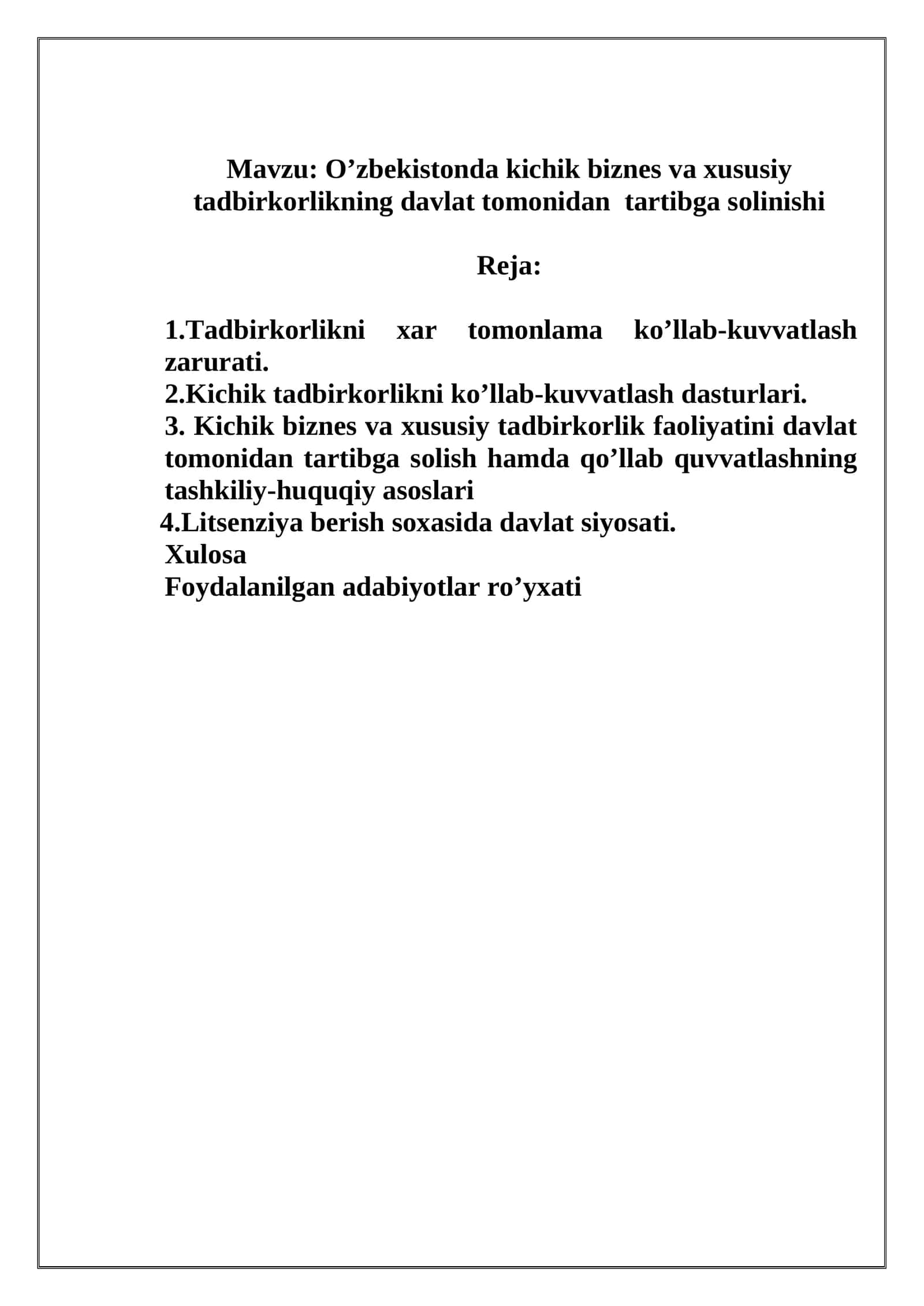 O’zbekistonda kichik biznes va xususiy tadbirkorlikning davlat tomonidan tartibga solinishi