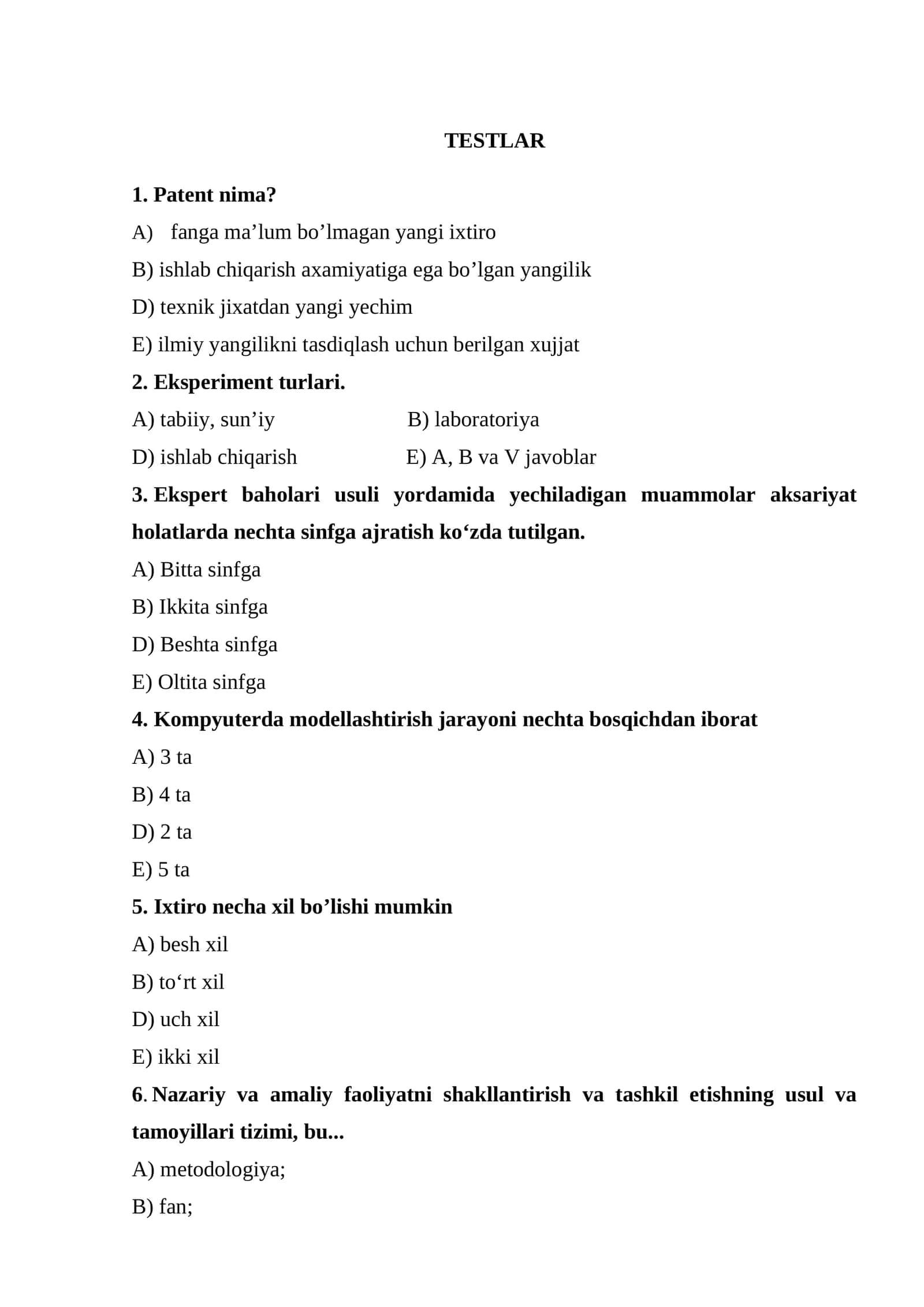 TESTLAR mashinasozlik patent va h.k boshqa mavzular boyicha