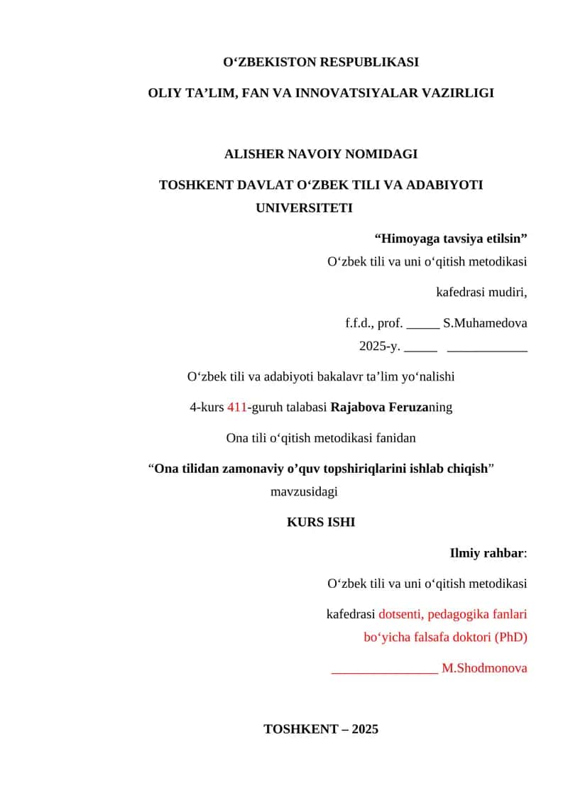 Ona tilidan zamonaviy o’quv topshiriqlarini ishlab chiqish
