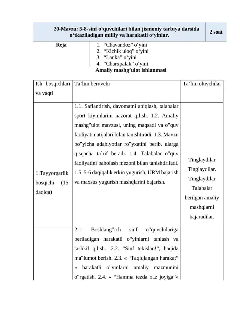 Jismoniy tarbiya darsidagi amaliy mashg'ulot