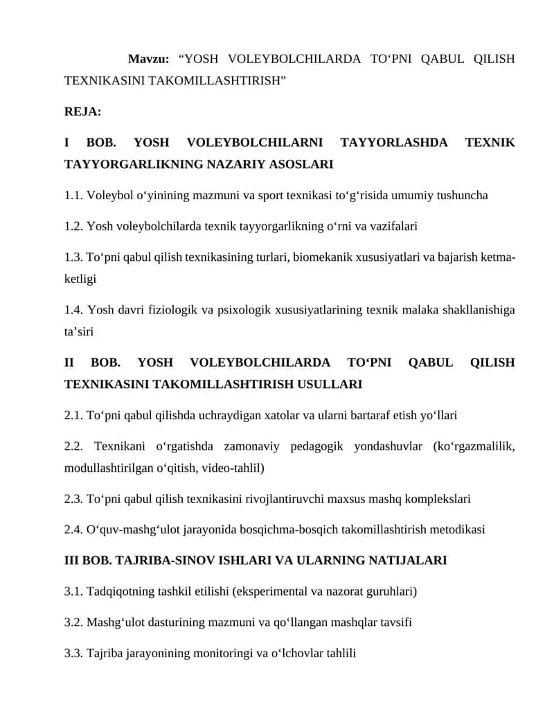 Yosh voleybolchilarda to‘pni qabul qilish texnikasini takomillashtirish
