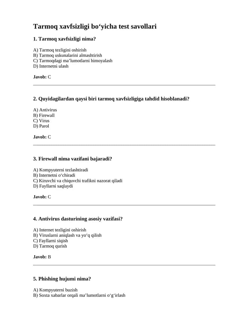 Tarmoq xavfsizligi bo‘yicha test savollari