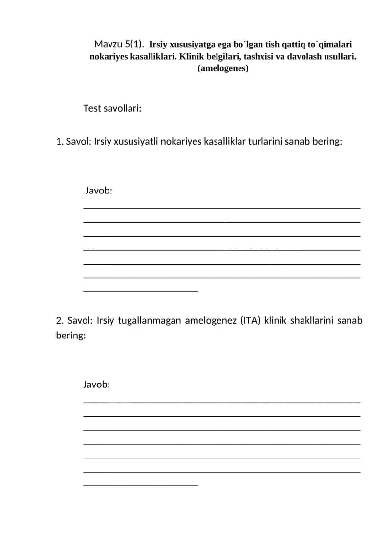 Irsiy xususiyatga ega bo`lgan tish qattiq to`qimalari nokariyes kasalliklari. Klinik belgilari, tashxisi va davolash usullari.(amelogenes)