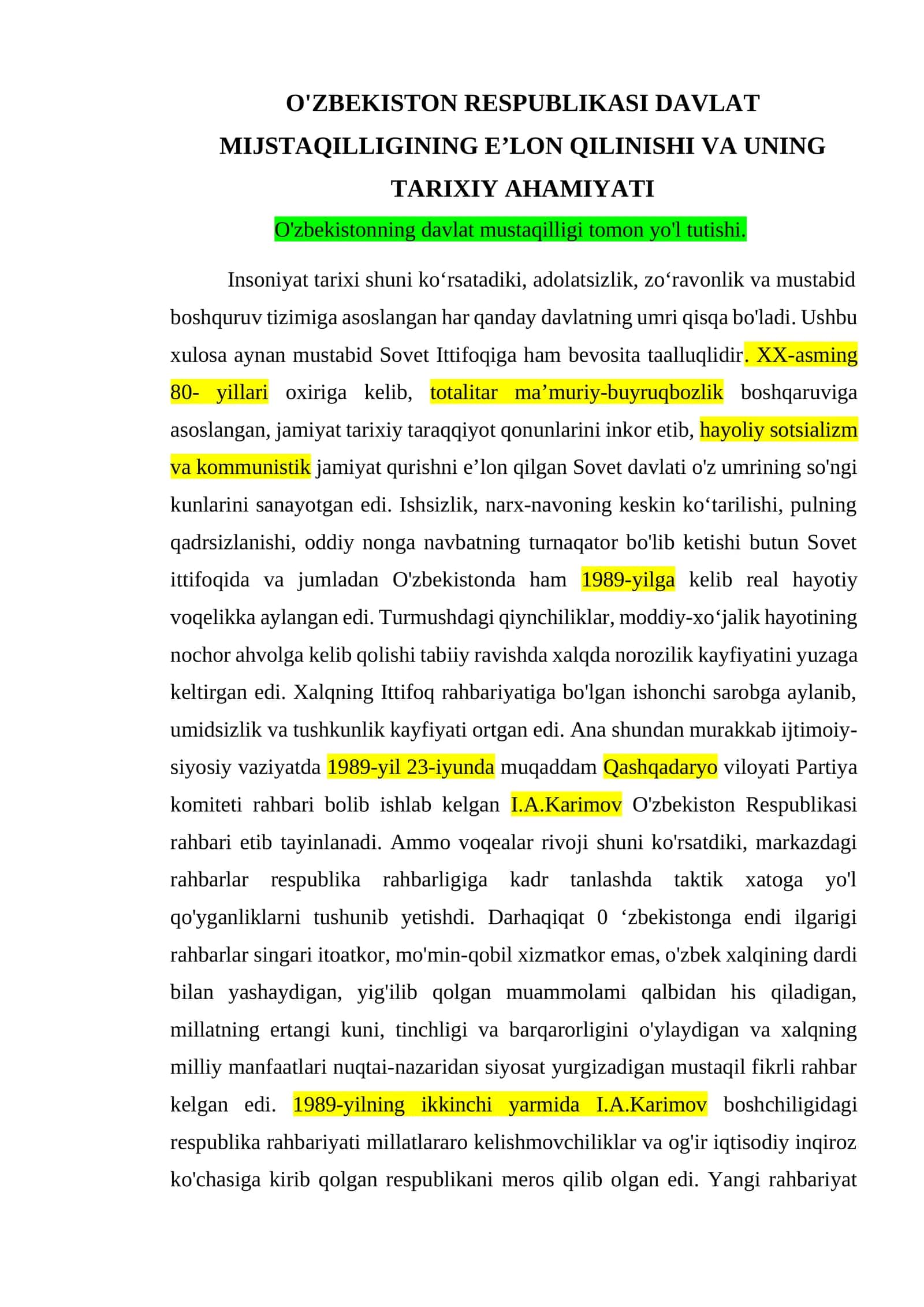 O'ZBEKISTON RESPUBLIKASI DAVLAT MIJSTAQILLIGINING E’LON QILINISHI VA UNING TARIXIY AHAMIYATI