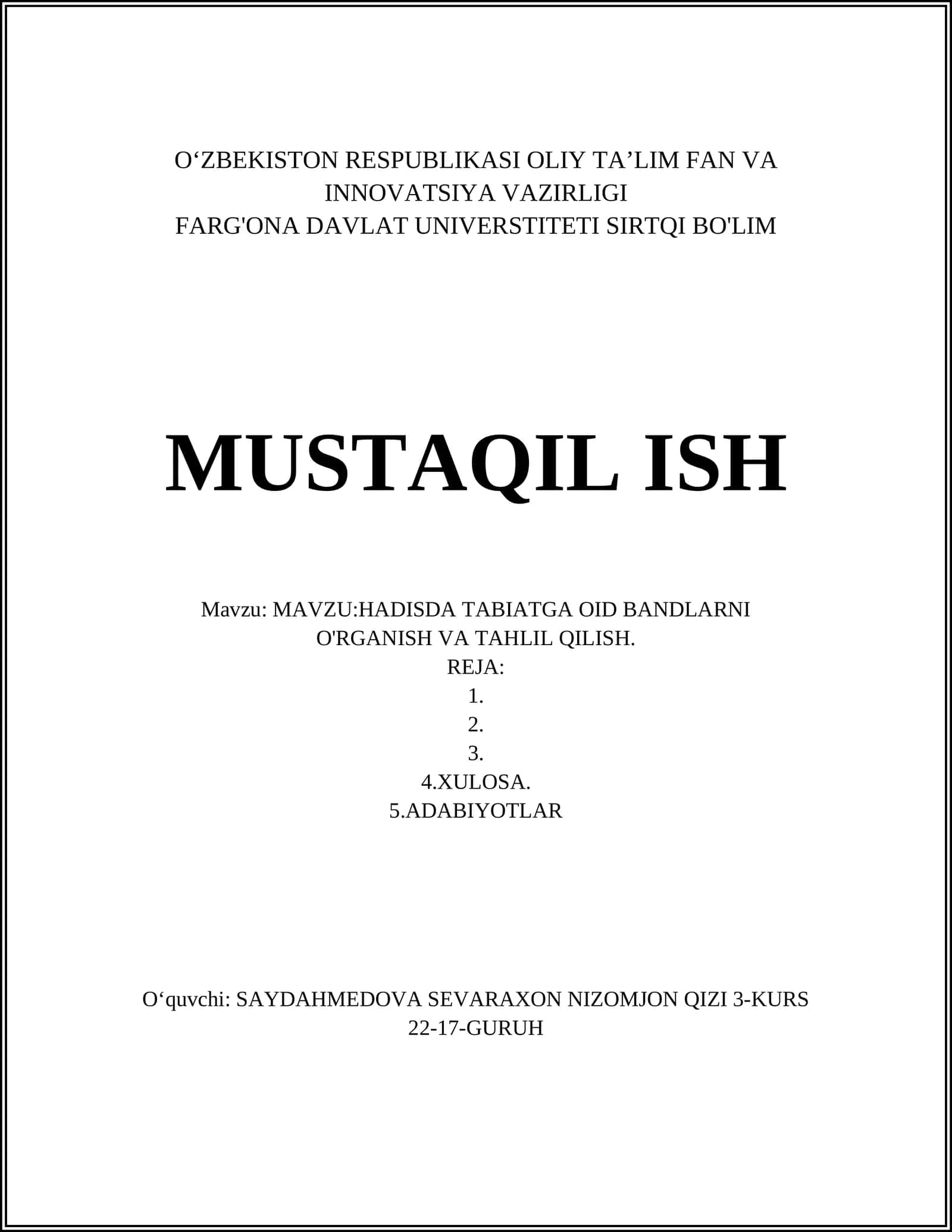 Hadiysda tabiatga oid bandlarni o'rganish va tahlil qilish