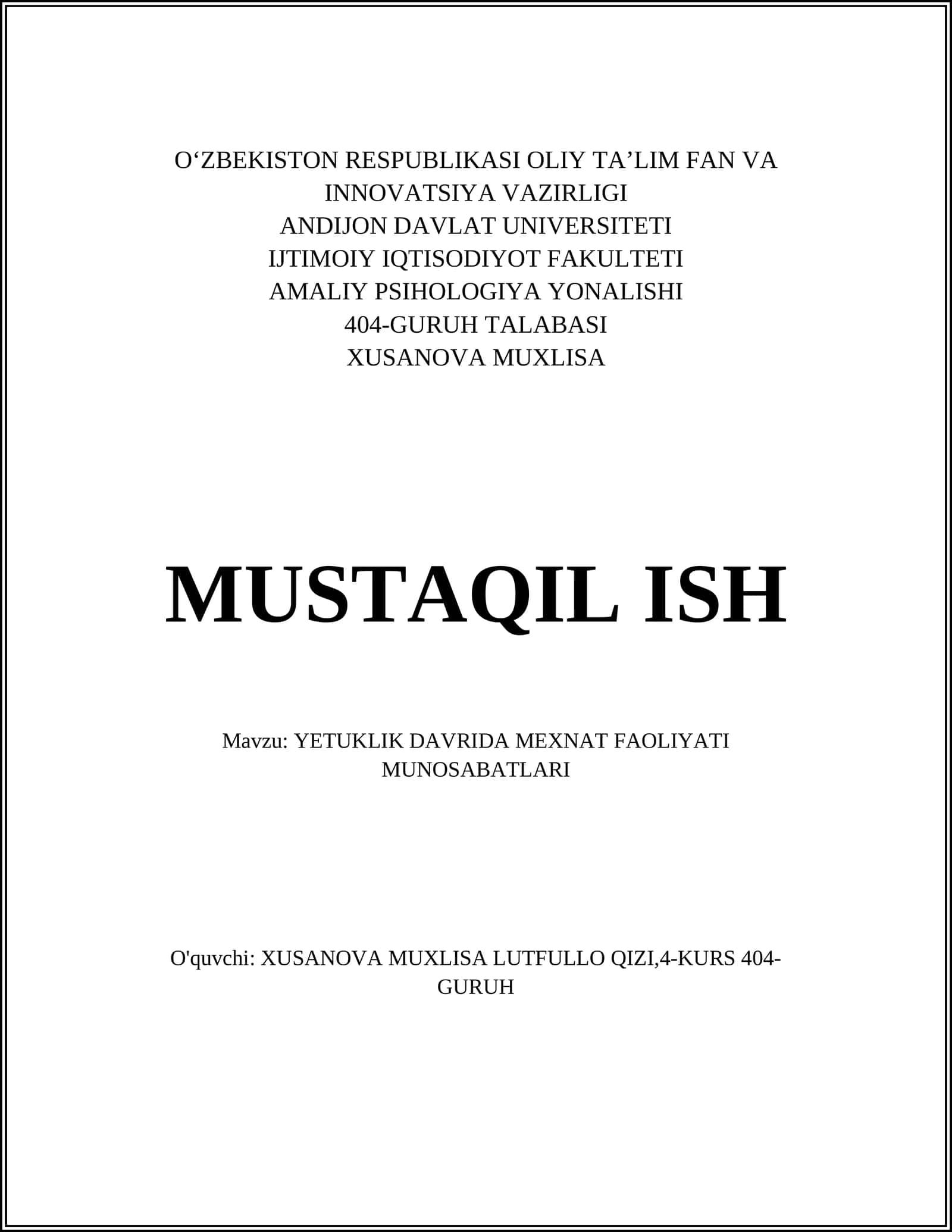 Yetuklik davrida mehnat faoliyatining xususiyatlari