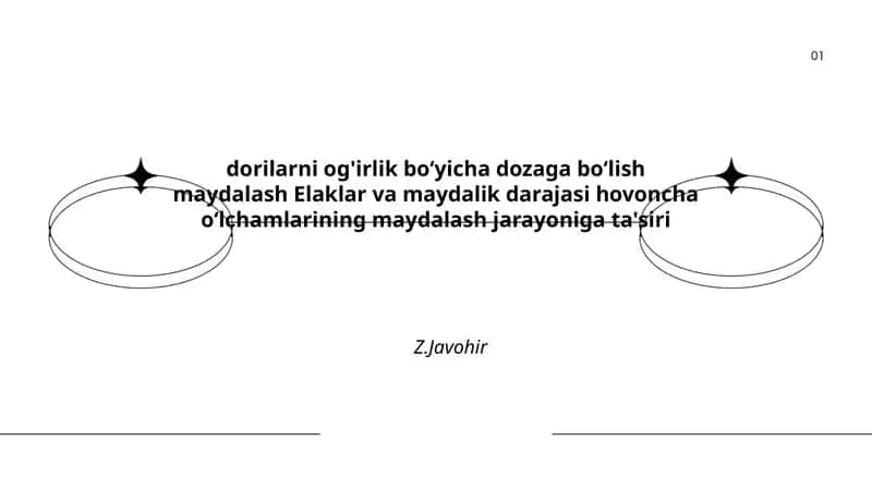 dorilarni og'irlik boʻyicha dozaga boʻlish maydalash Elaklar va maydalik darajasi hovoncha oʻlchamlarining maydalash jarayoniga ta'siri