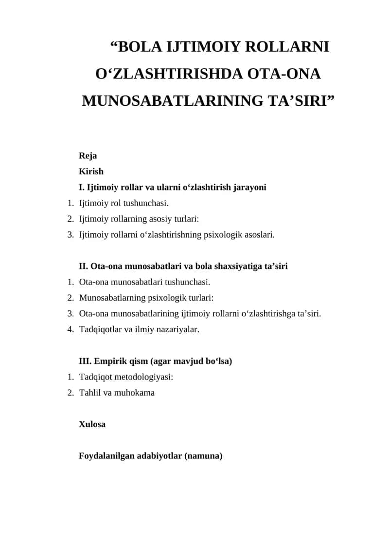 Bola Ijtimoiy Rollarni O‘zlashtirishda Ota-Ona Munosabatlarining Ta’siri
