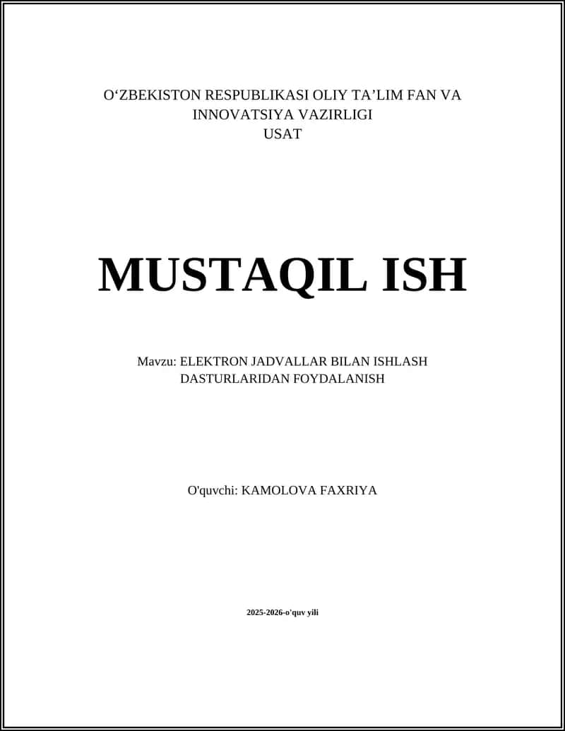 Elektron Jadvallar Bilan Ishlash Dasturlaridan Foydalanish