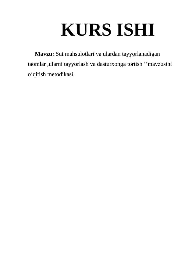 Sut Mahsulotlari va Ulardan Tayyorlanadigan Taomlar