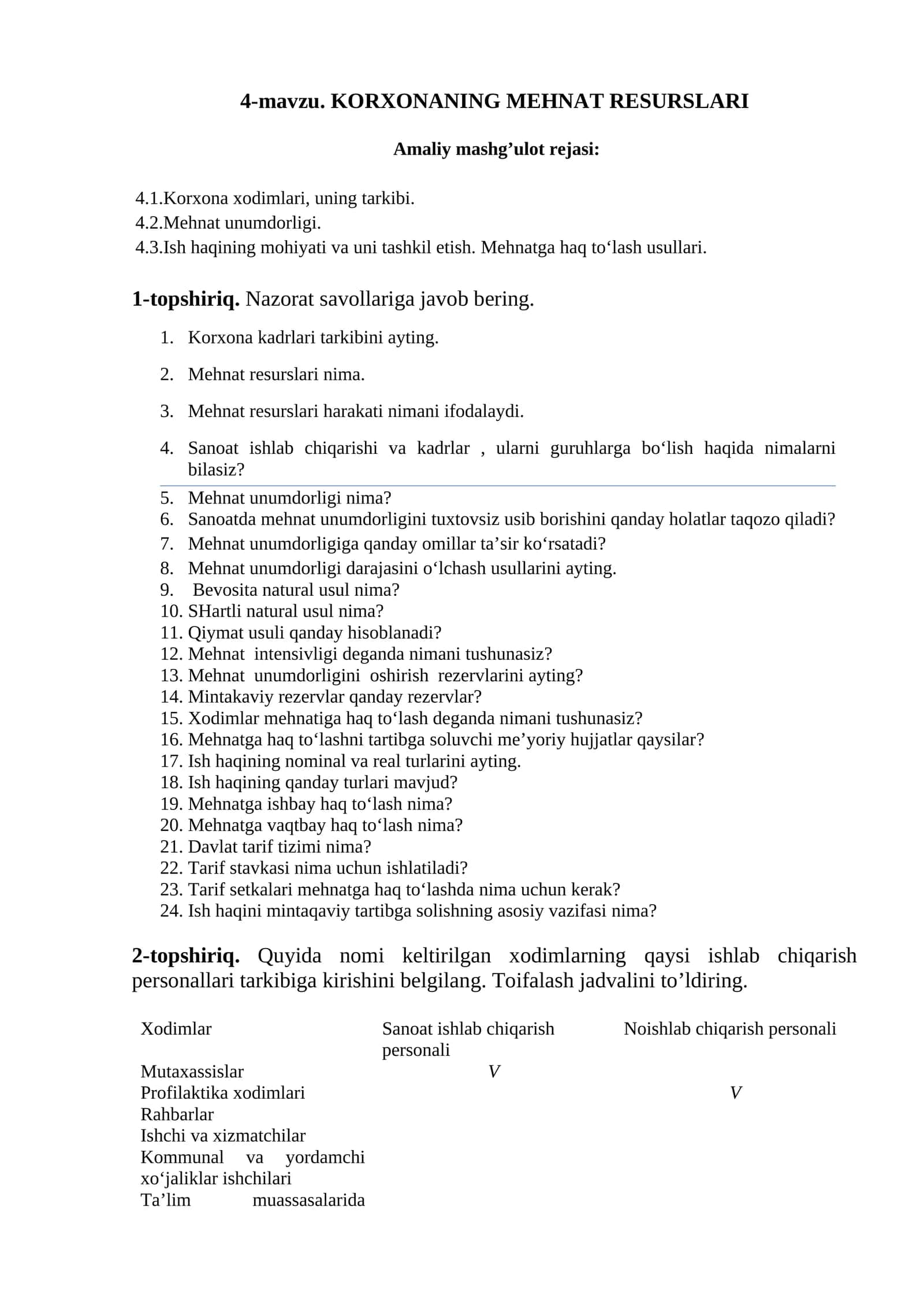 4-mavzu. KORXONANING MEHNAT RESURSLARI