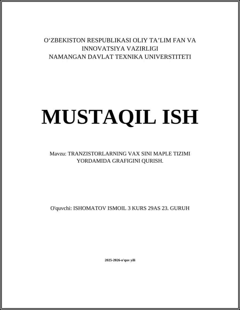 TRANZISTORLARNING VAX SINI MAPLE TIZIMI YORDAMIDA GRAFIGINI QURISH