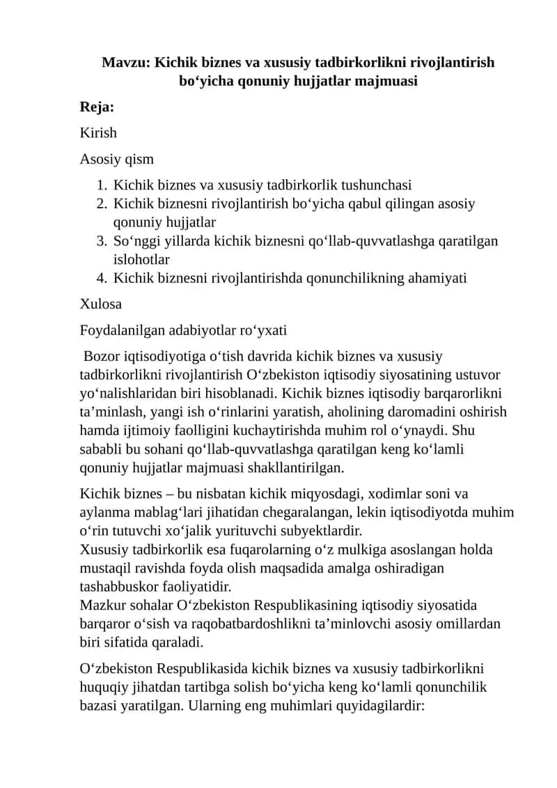 Kichik biznes va xususiy tadbirkorlikni rivojlantirish bo‘yicha qonuniy hujjatlar majmuasi