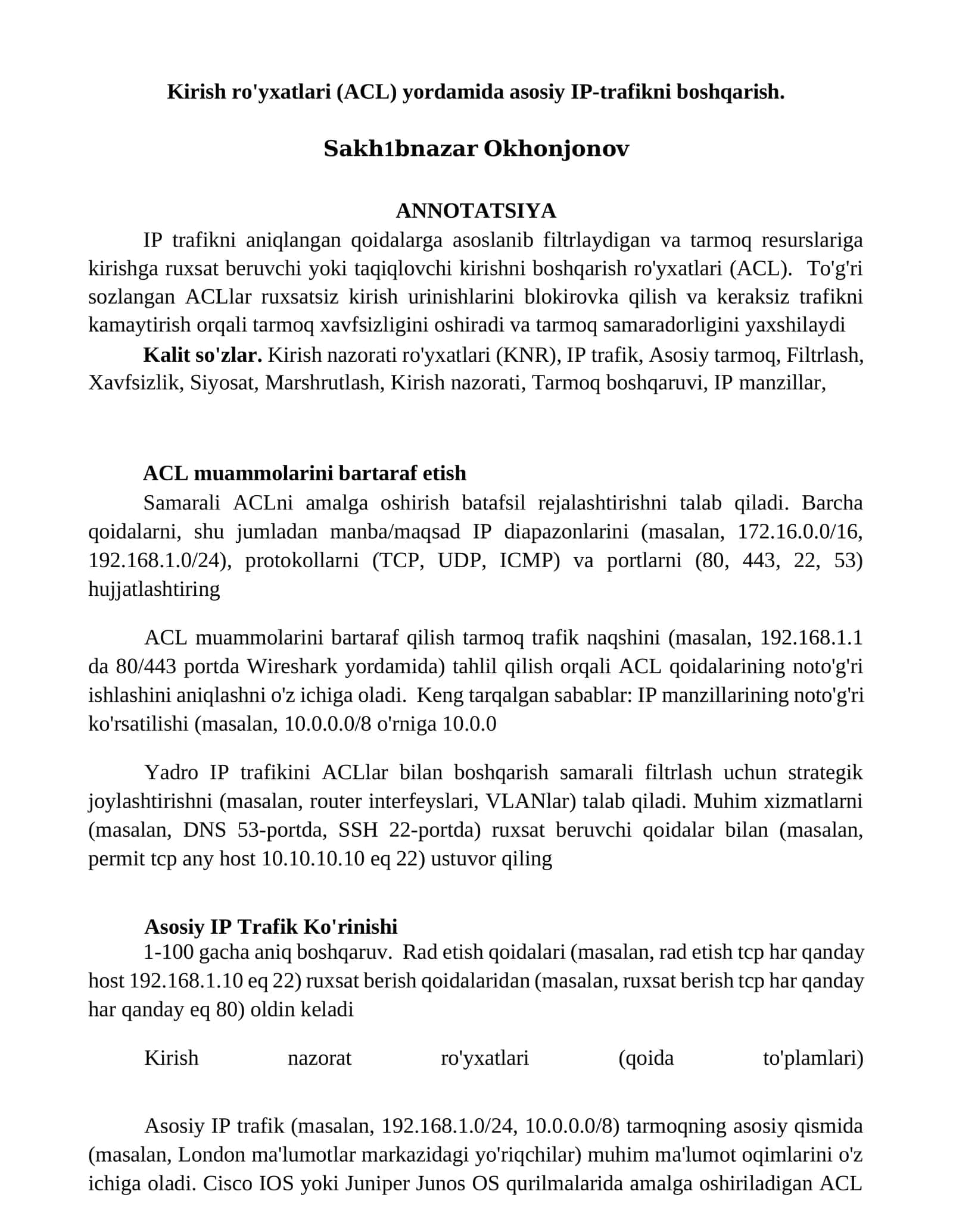 Ruxsat beruvchi ACL yordamida IP-trafikni boshqarish