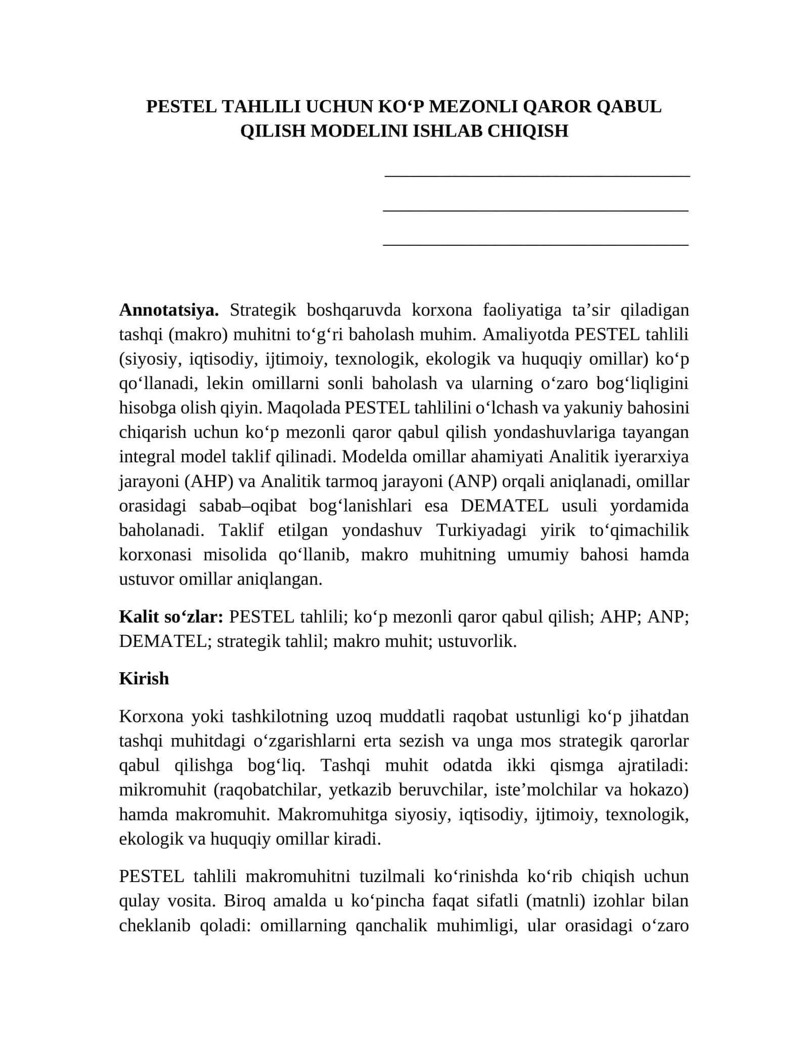 PESTEL TAHLILI UCHUN KO‘P MEZONLI QAROR QABUL QILISH MODELINI ISHLAB CHIQISH