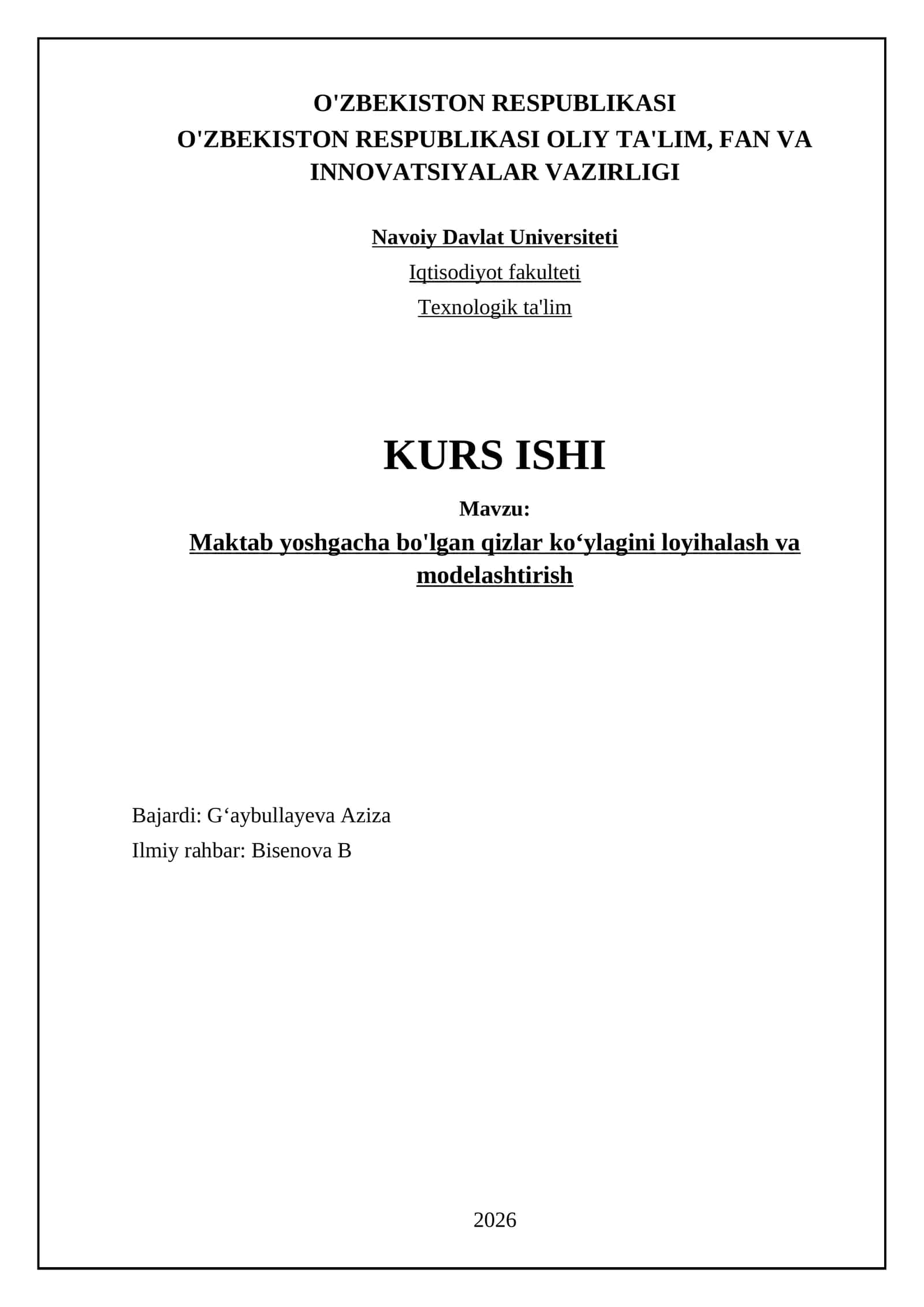Maktab yoshgacha bo‘lgan qizlar ko‘ylagini loyihalash va modelashtirish
