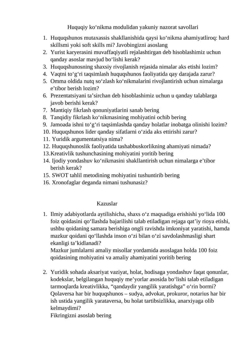 Huquqiy ko‘nikma modulidan yakuniy nazorat savollari