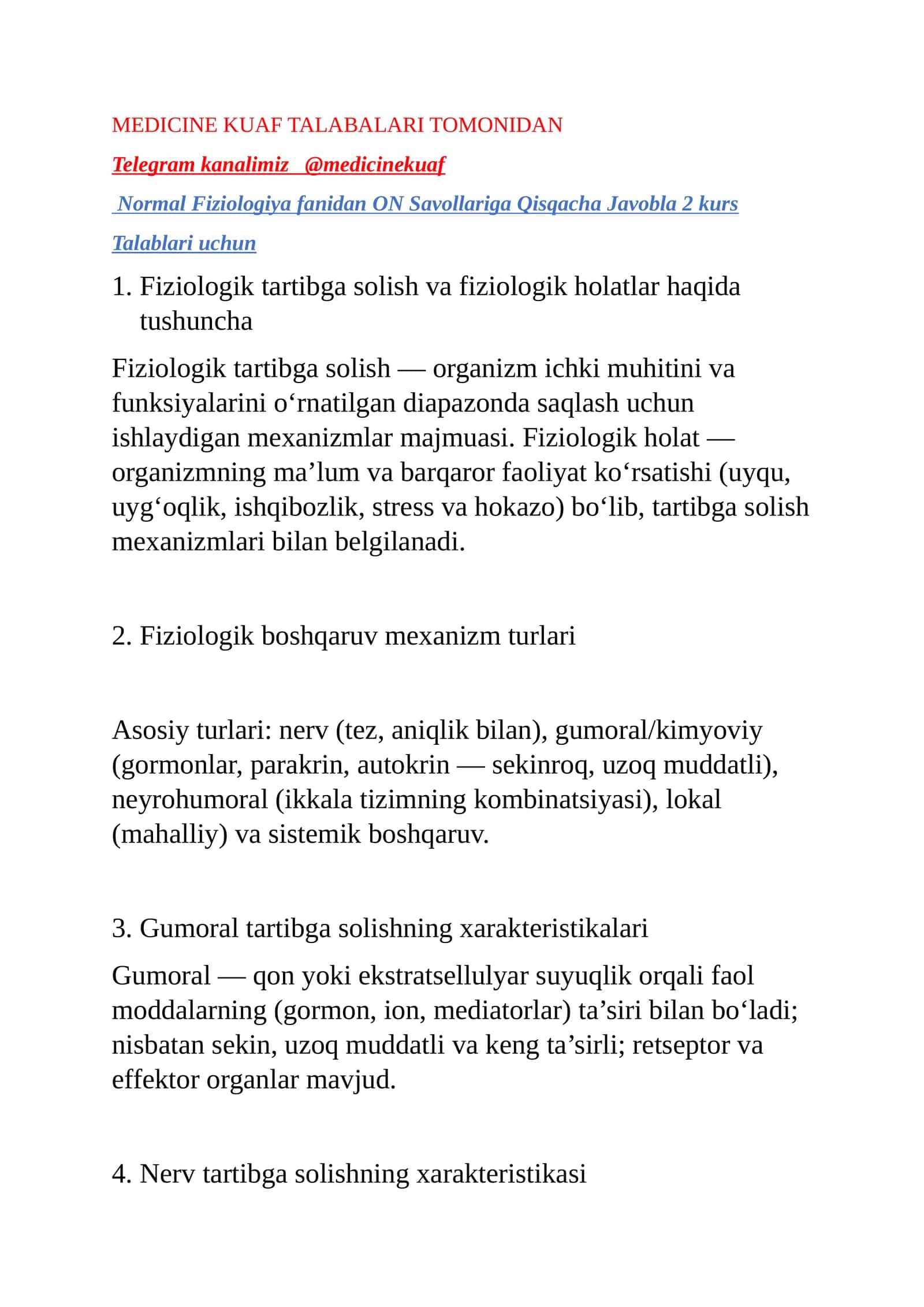 Normal Fiziologiya fanidan ON Savollariga Qisqacha Javobla 2 kurs