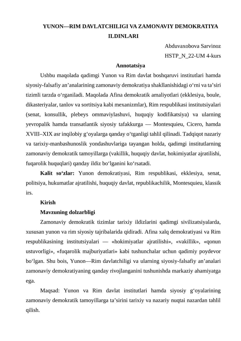 YUNON—RIM DAVLATCHILIGI VA ZAMONAVIY DEMOKRATIYA ILDINLARI