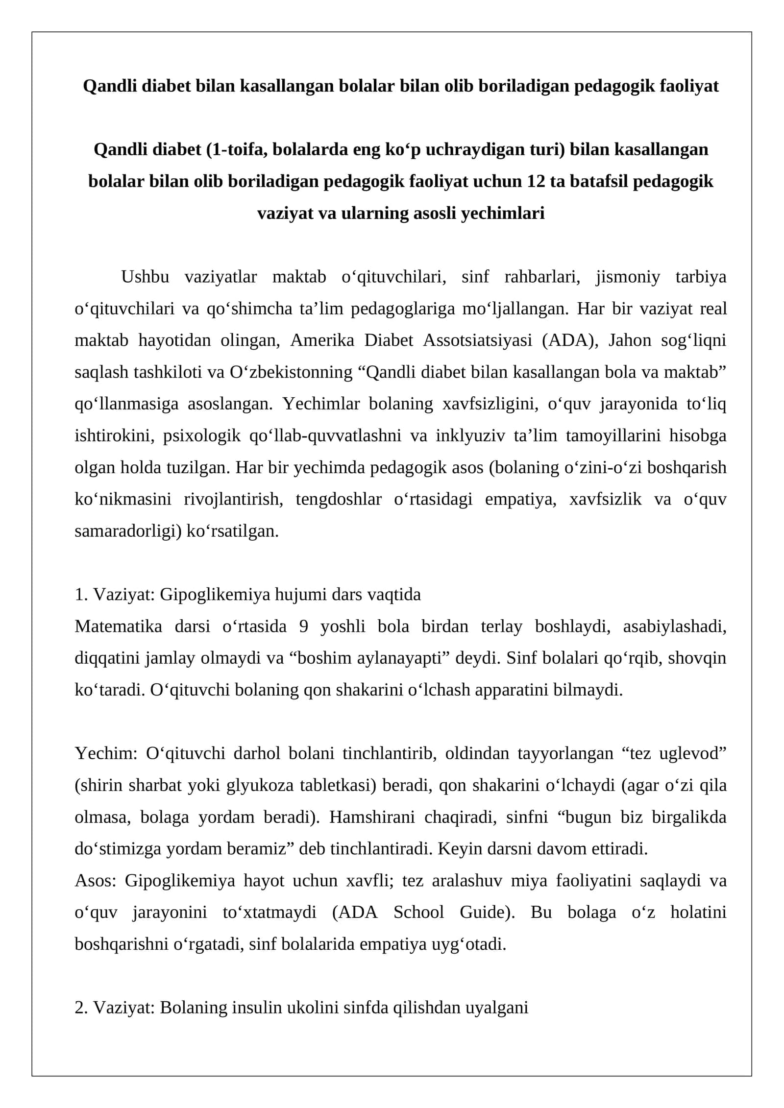 Qandli diabet bilan kasallangan bolalar bilan olib boriladigan pedagogik faoliyat