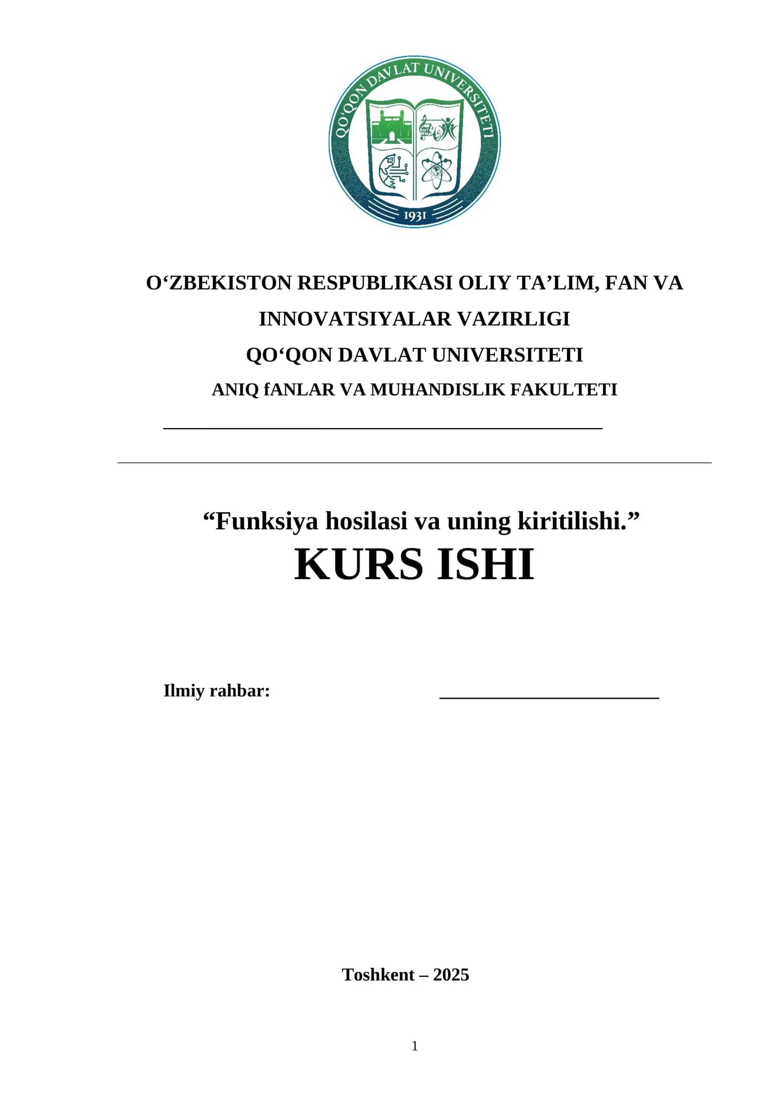 Funksiya hosilasi va uning kiritilishi.