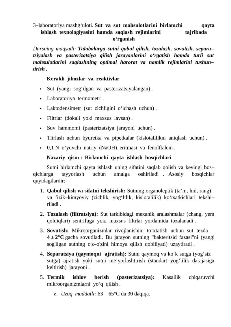 Sut va sut mahsulotlarini birlamchi qayta ishlash texnologiyasi