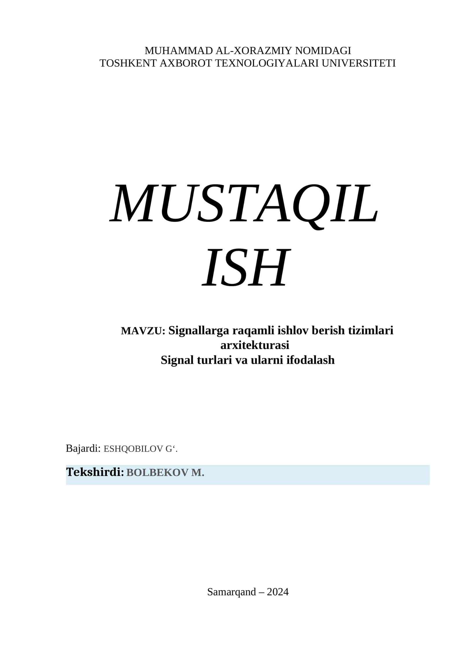Signallarga raqamli ishlov berish tizimlari arxitekturasi