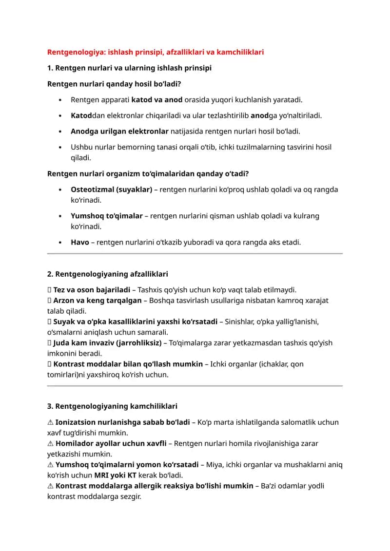 Rentgenologiya: ishlash prinsipi, afzalliklari va kamchiliklari