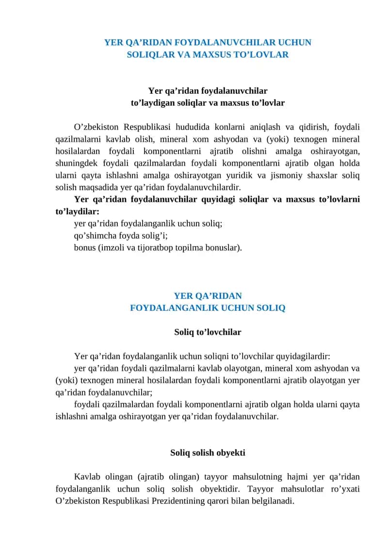 Yer qa’ridan foydalanuvchilar uchun soliqlar va maxsus to’lovlar