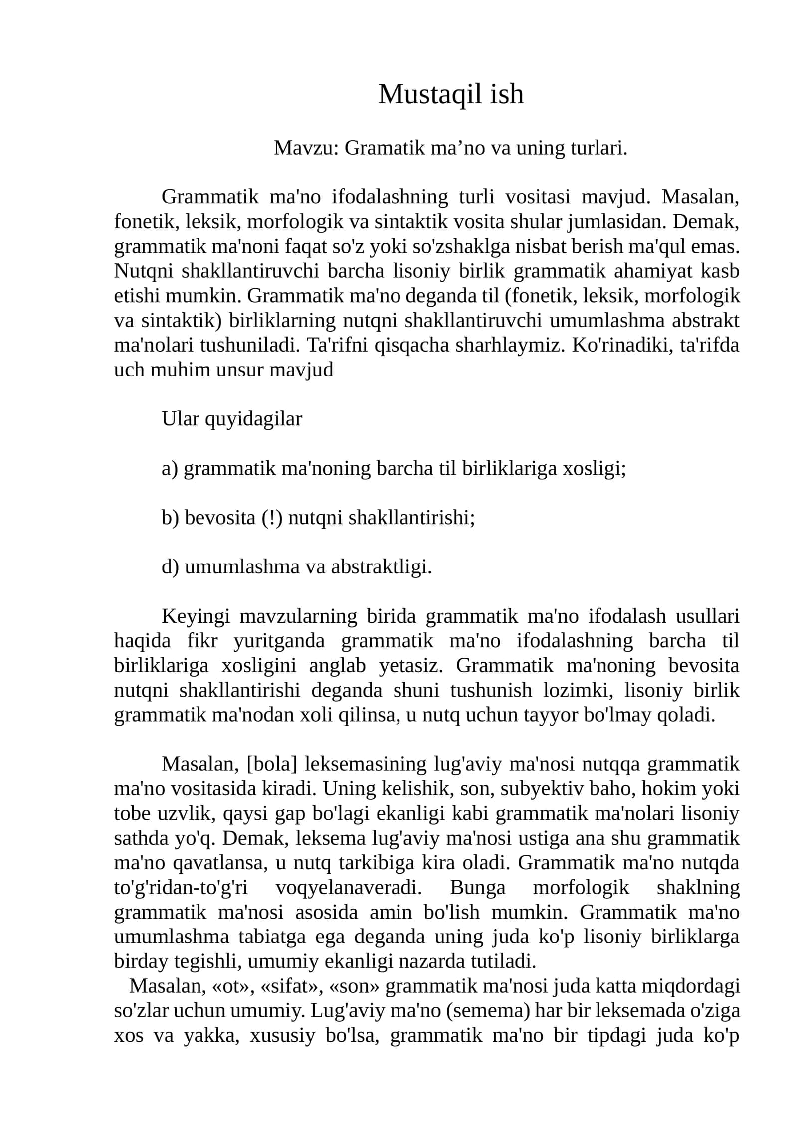 Grammatik maʼno va uning turlari