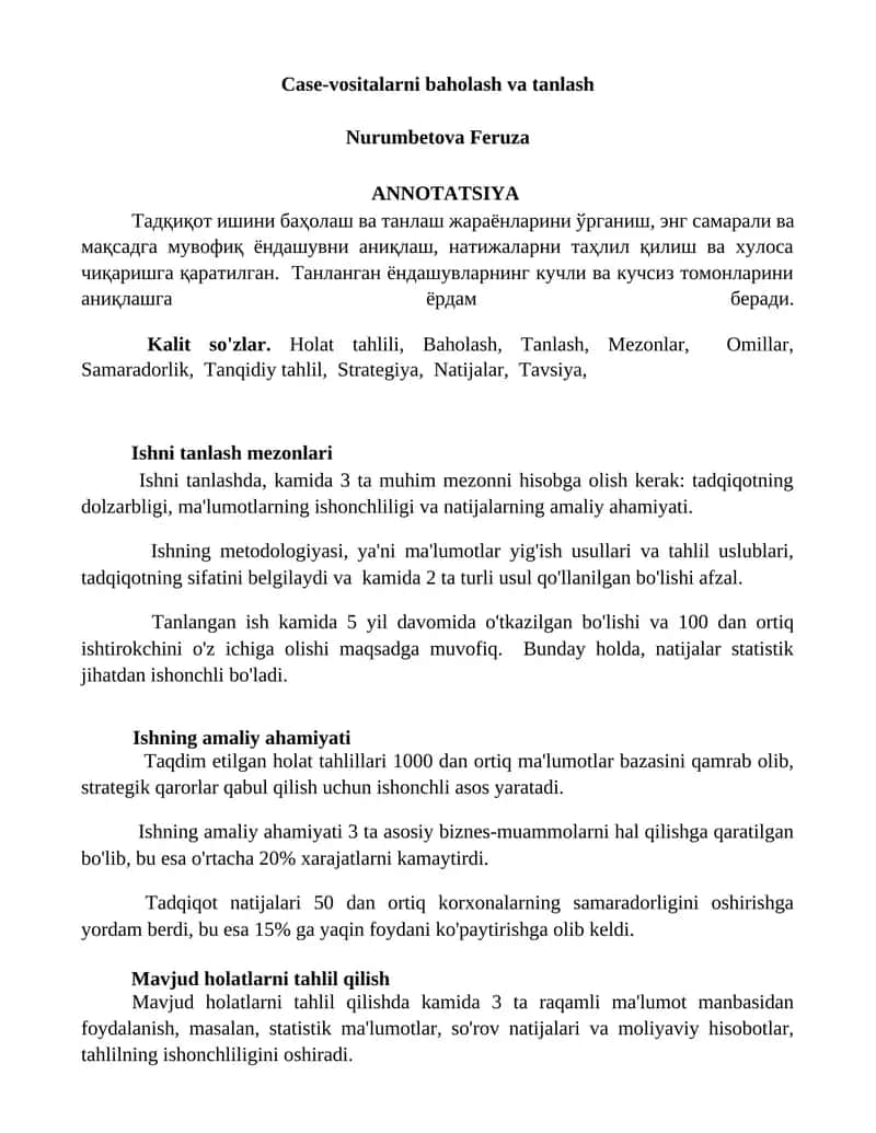 Case-vositalarni baholash va tanlash