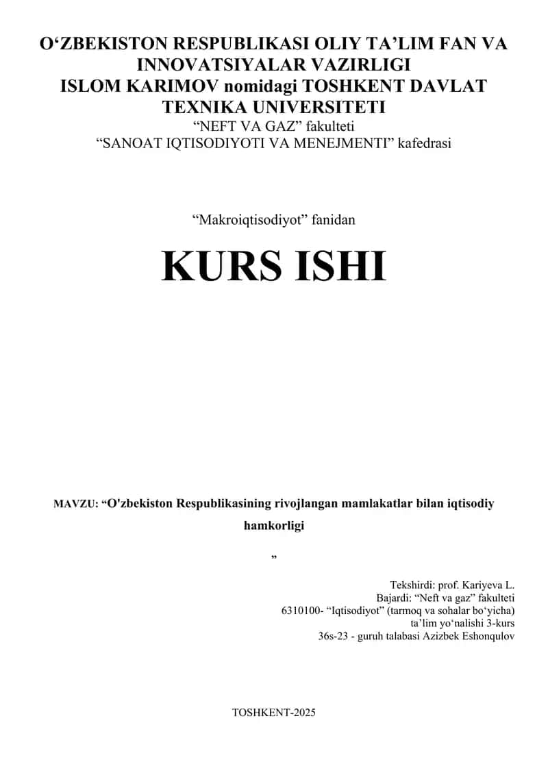 O'zbekiston Respublikasining rivojlangan mamlakatlar bilan iqtisodiy hamkorligi