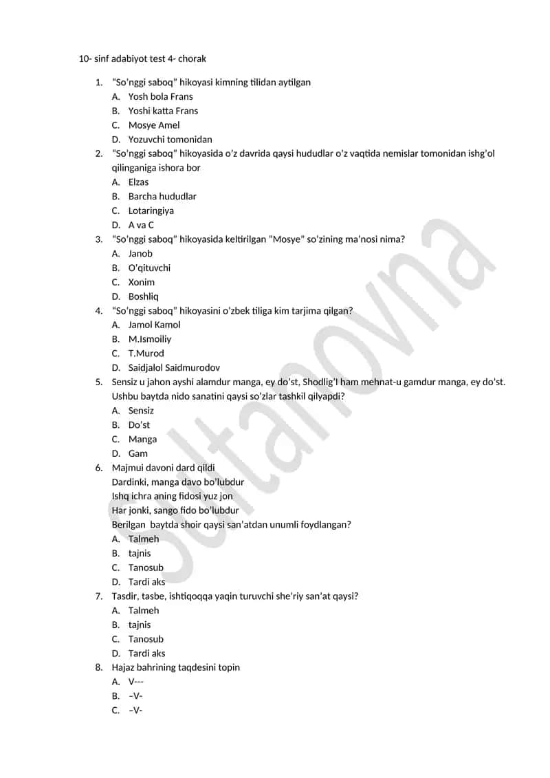 10- sinf adabiyot test 4- chorak
