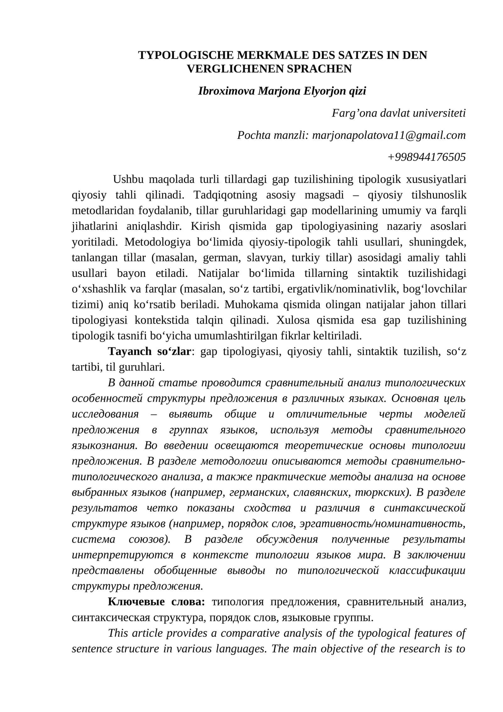 TYPOLOGISCHE MERKMALE DES SATZES IN DEN VERGLICHENEN SPRACHEN