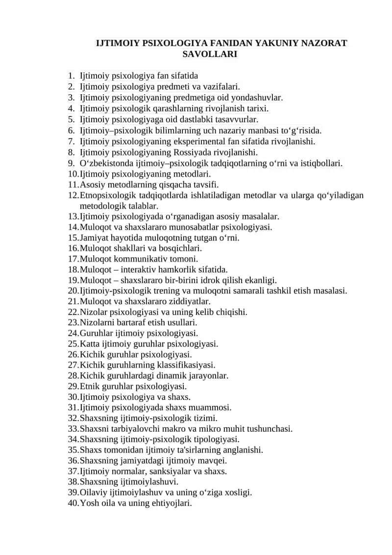 Ijtimoiy Psixologiya Fanidan Yakuniy Nazorat Savollari