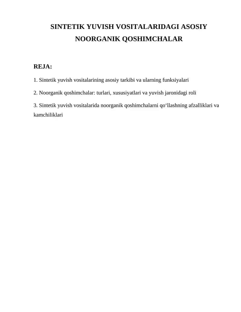 Sintetik yuvish vositalaridagi asosiy noorganik qoshimchalar