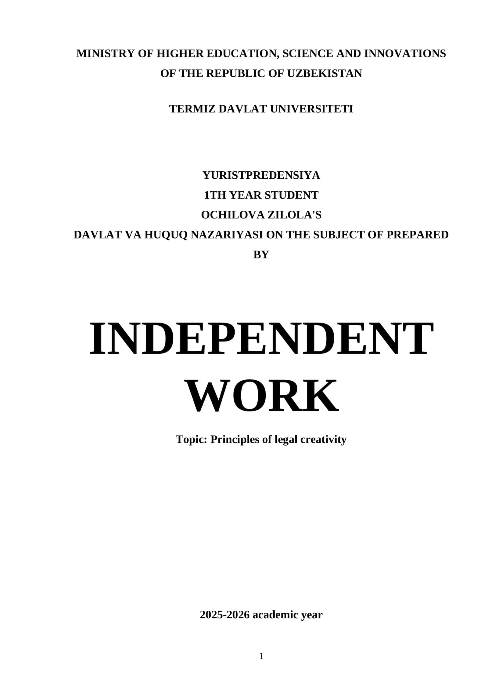 DAVLAT VA HUQUQ NAZARIYASI ON THE SUBJECT OF PREPARED BY INDEPENDENT WORK