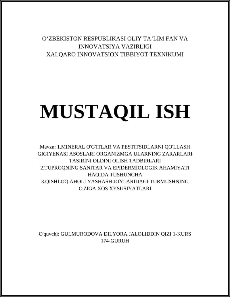 Mineral o'g'itlar va pestitsidlarning inson organizmiga kirish yo'llari