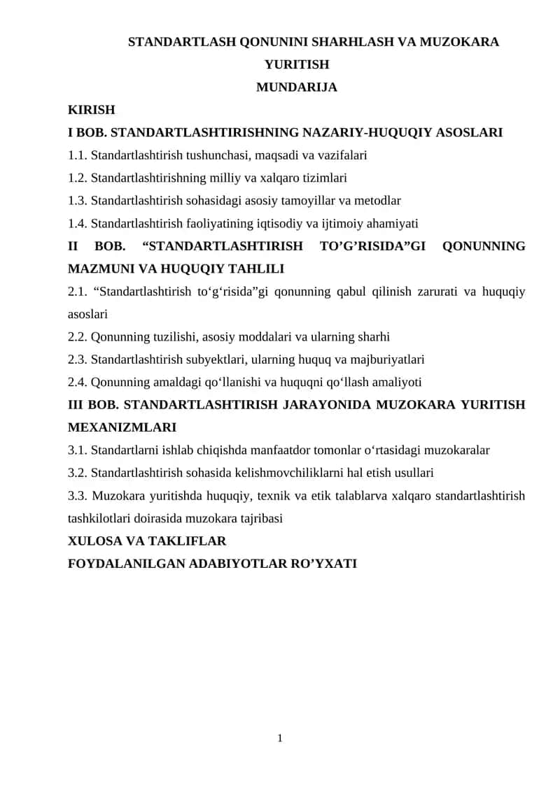 Standartlash qonunini sharhlash va muzokara yuritish