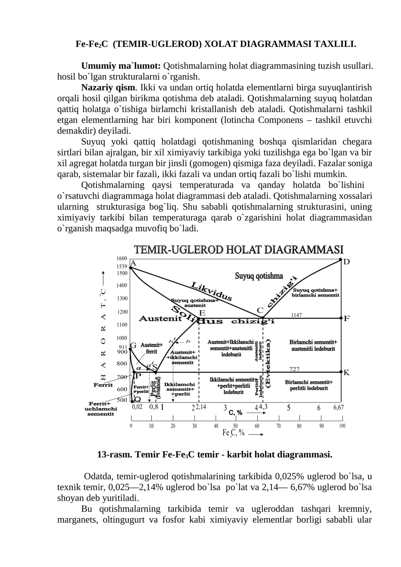 Fe-Fe2C (TEMIR-UGLEROD) XOLAT DIAGRAMMASI TAXLILI
