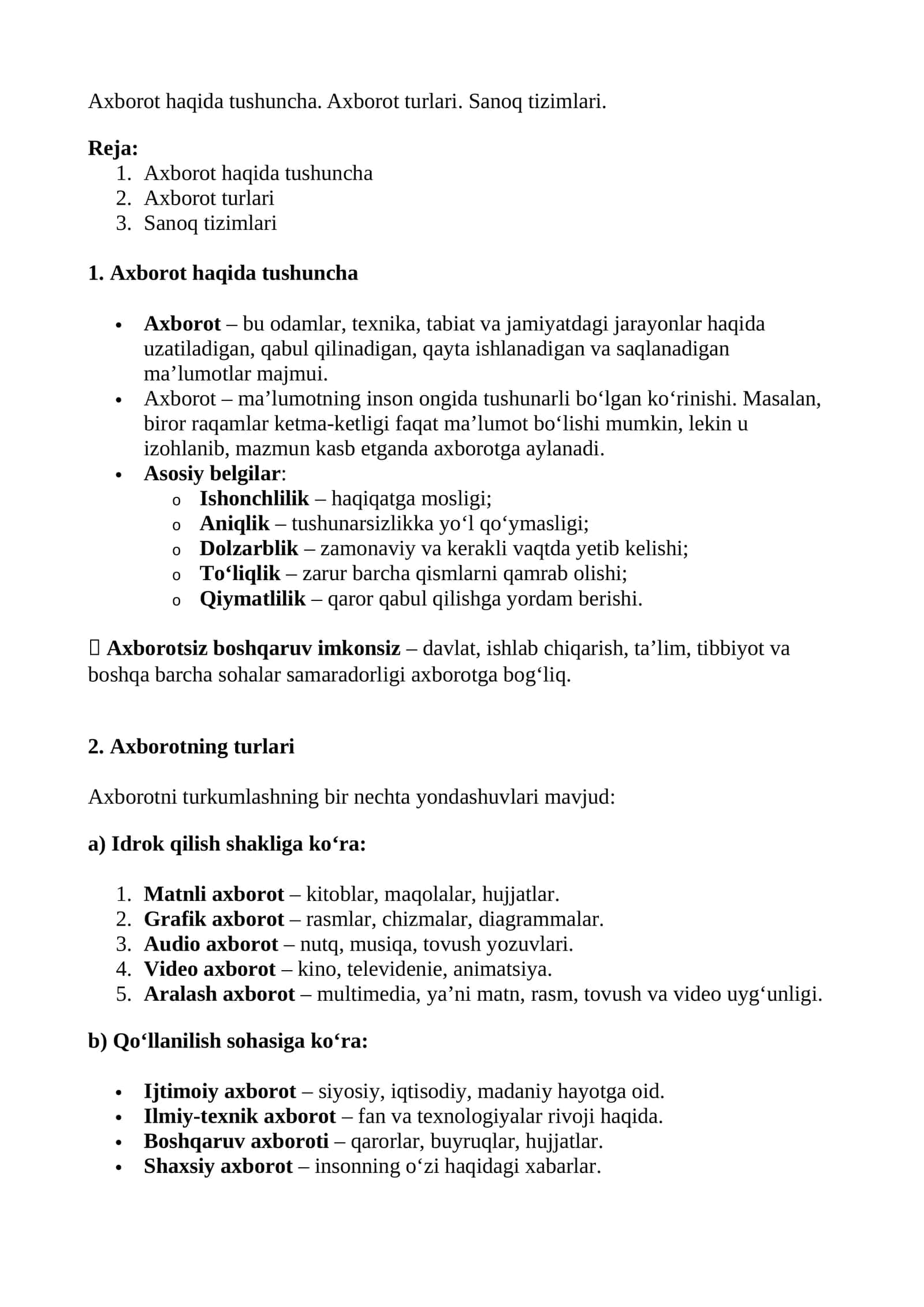 Axborot haqida tushuncha. Axborot turlari. Sanoq tizimlari