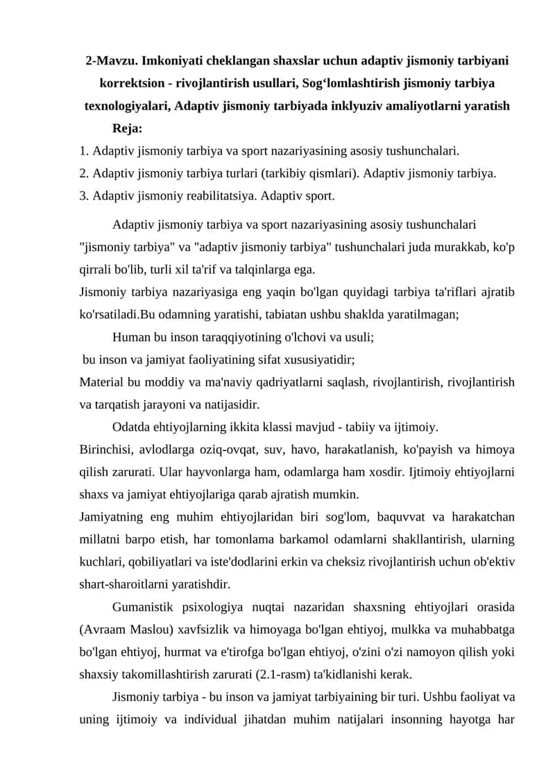 Adaptiv jismoniy tarbiyani korrektsion - rivojlantirish usullari